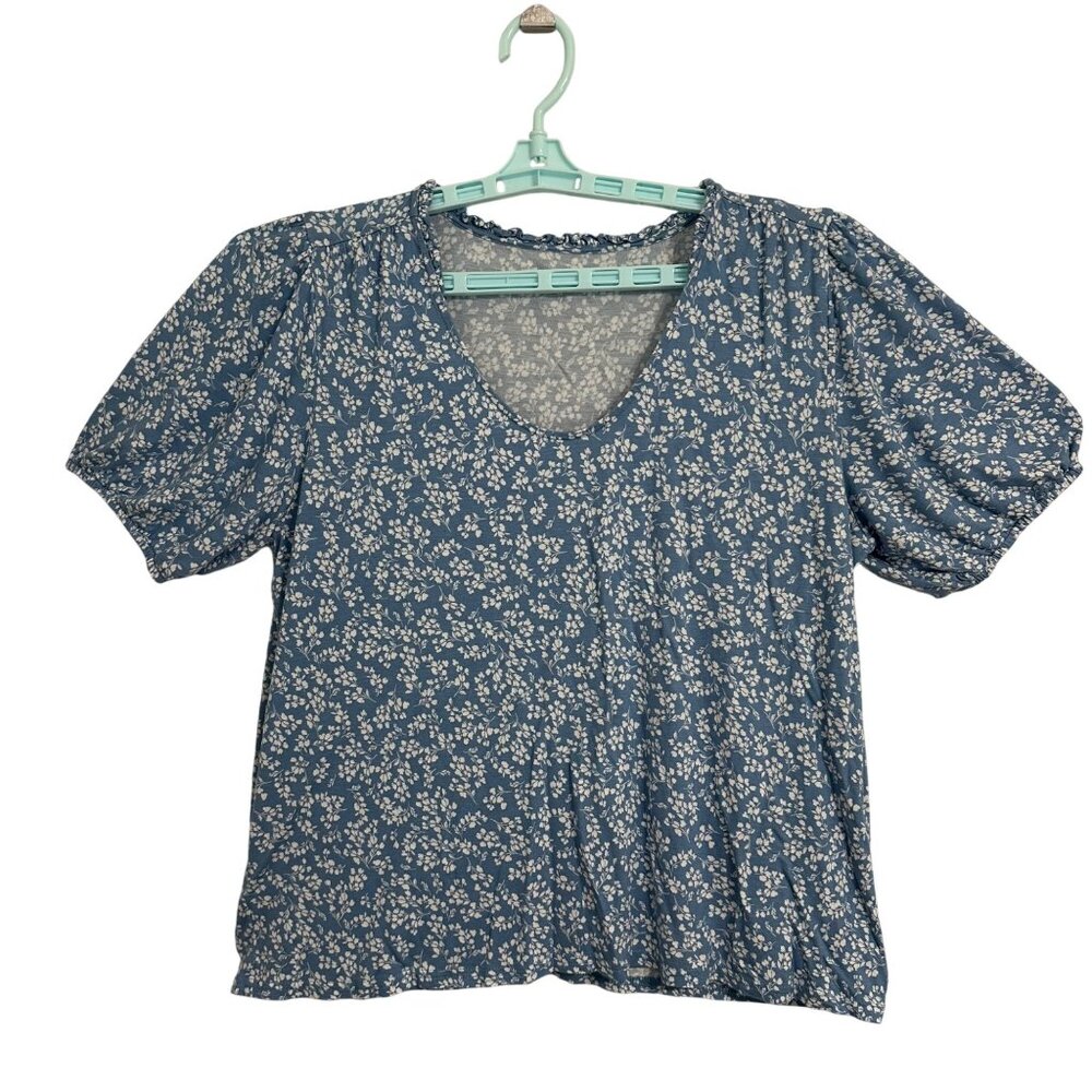 Loft Outlet Blue Floral Puff Sleeve Rayon Womens Top L Cottagecore Boho Romantic